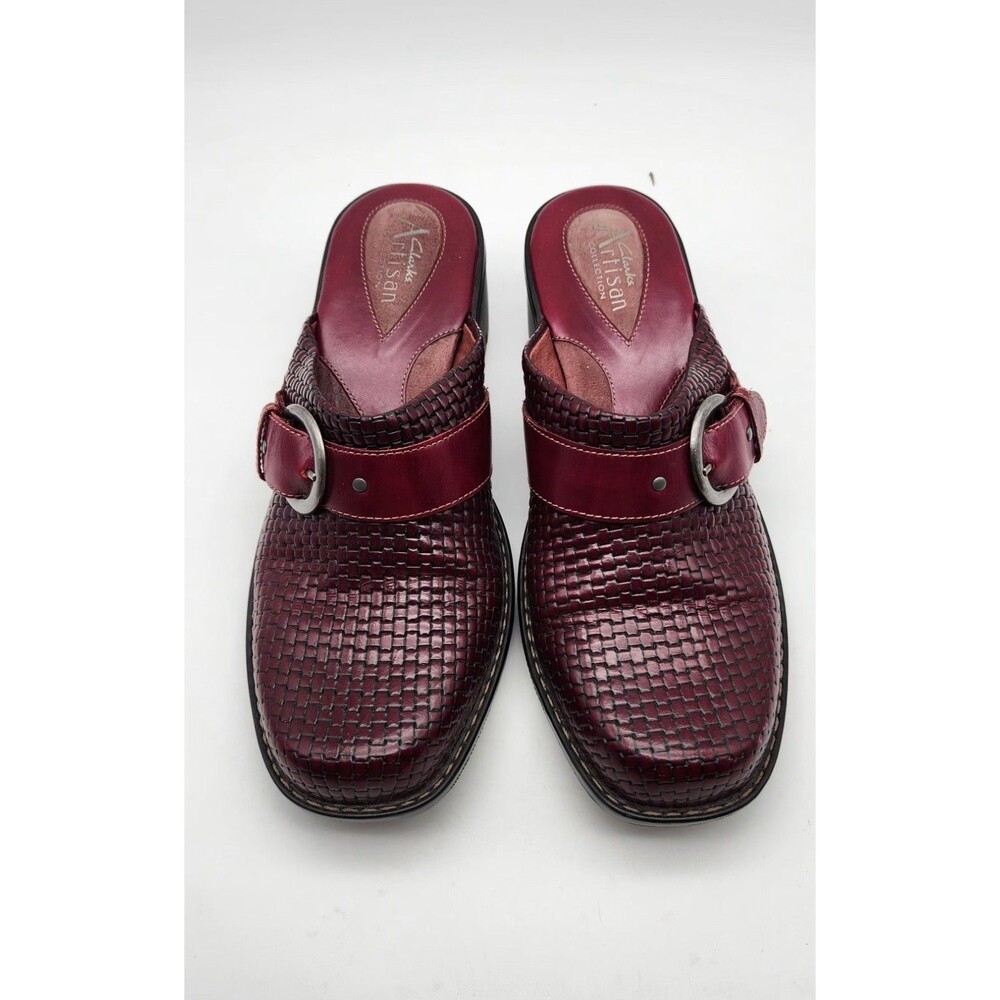 Clarks Artisan 7.5M Mules Clogs Shoes Cordovan Woven Leather Buckle Slides Heel - Picture 2 of 10
